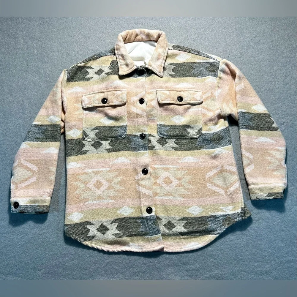 No Boundaries Hooded Shirt Jacket Women’s XL Aztec Print Pink Button Up Poly